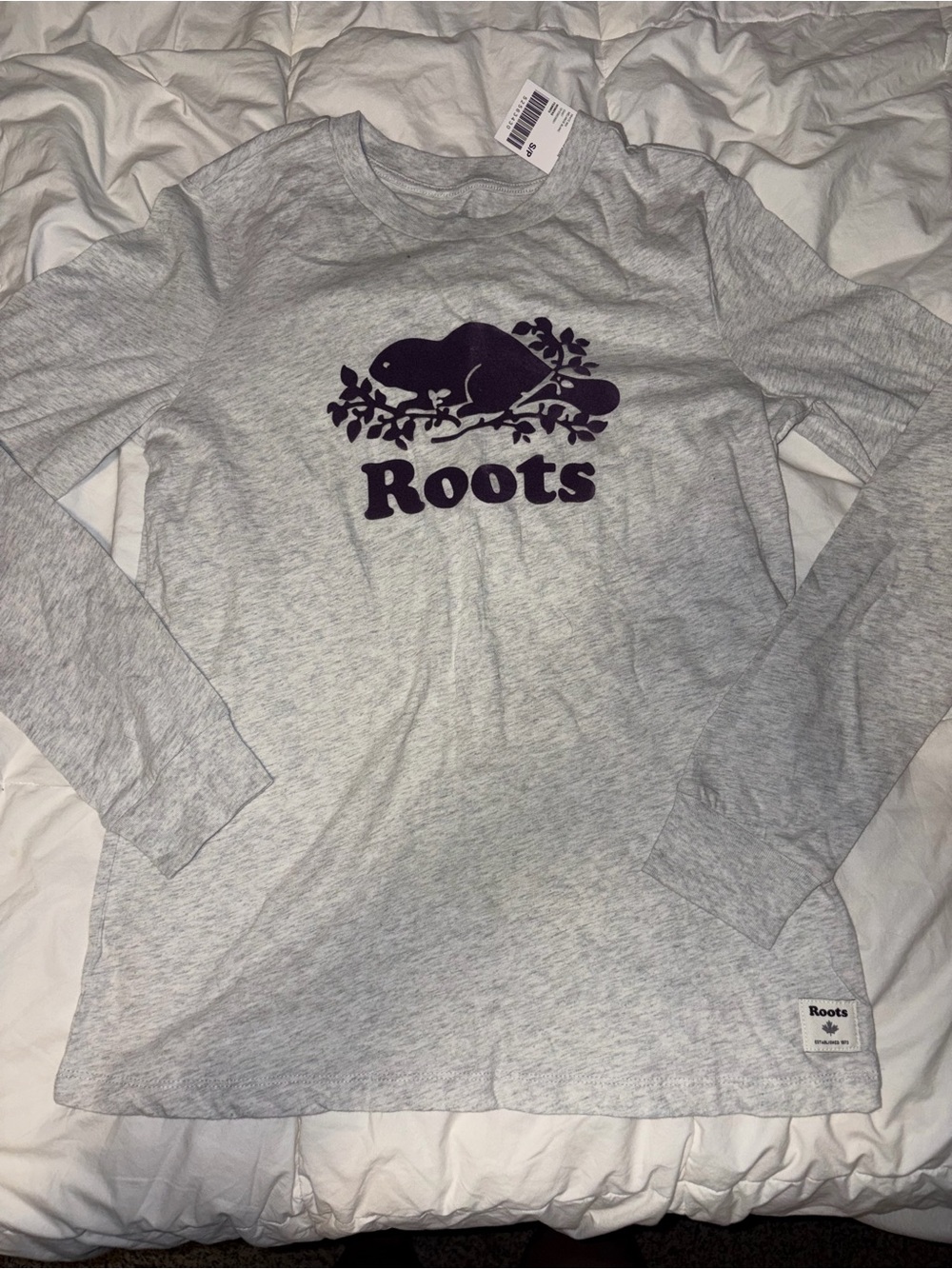 Roots Light Grey Long Sleeve Tee with Dark Purple Logo